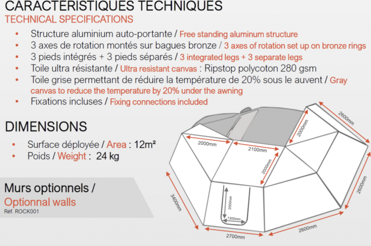 8AUVENT ROCKALU 450° GAUCHE AUTO PORTANT GEN.2 AVEC ECLAIRAGE LED